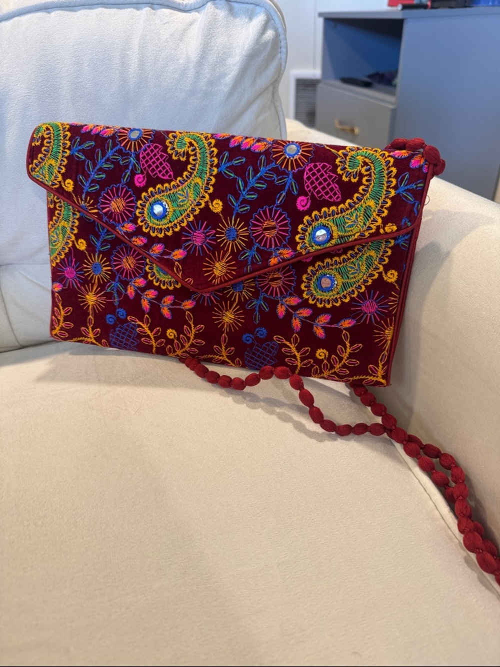 Nepal Hand Embroidered Maroon Envelope Crossbody Bag with Paisley Accents